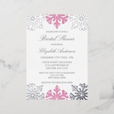 Silver Pink Snowflake Winter Bridal Shower Foil Invitations
