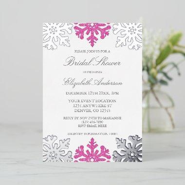 Silver Pink Snowflake Winter Bridal Shower Foil Invitations