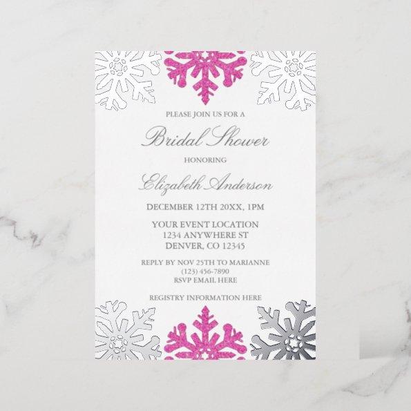 Silver Pink Snowflake Winter Bridal Shower Foil Invitations