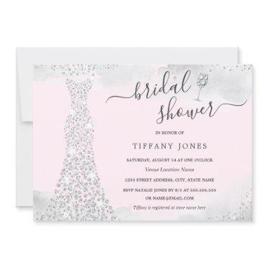 Silver Pink Sparkle Diamond Dress Bridal Shower Invitations