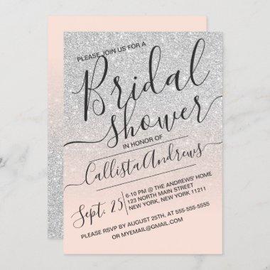 Silver Pink Sparkly Glitter Ombre Bridal Shower Invitations