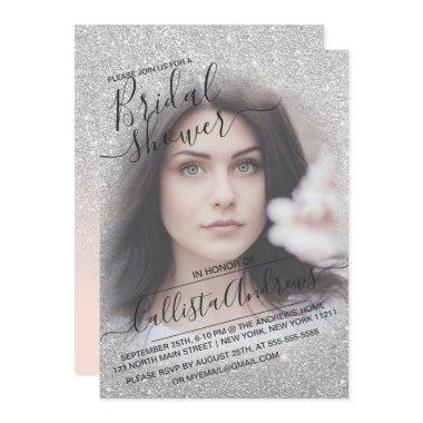 Silver Pink Sparkly Glitter Photo Bridal Shower Invitations