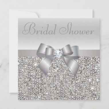 Silver Printed Sequins Bow & Diamond Bridal Shower Invitations