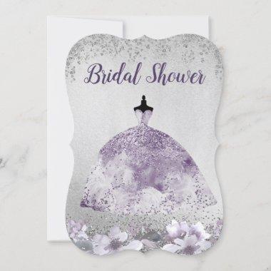 Silver Purple Dress Floral Bridal Shower Invite