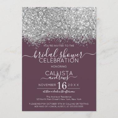 Silver Purple Glitter Confetti Bridal Shower Invitations