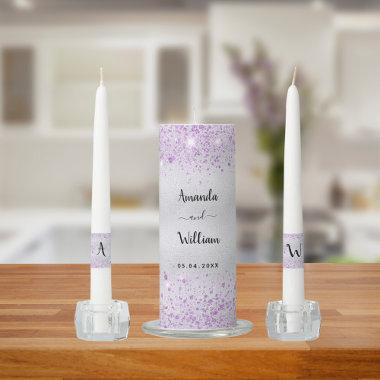 Silver purple glitter dust metal names wedding unity candle set
