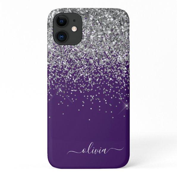 Silver Purple Glitter Girly Monogram Name iPhone 11 Case