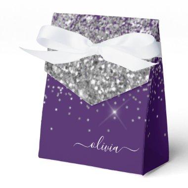 Silver Purple Glitter Girly Monogram Name Favor Boxes