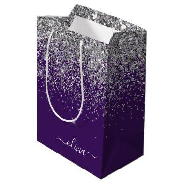 Silver Purple Glitter Girly Monogram Name Medium Gift Bag