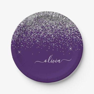 Silver Purple Glitter Girly Monogram Name Paper Plates