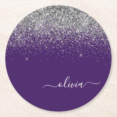Silver Purple Glitter Girly Monogram Name Round Paper Coaster