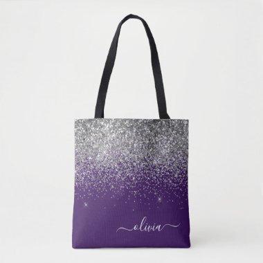 Silver Purple Glitter Girly Monogram Name Tote Bag