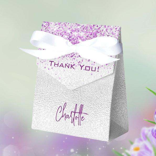 Silver purple glitter sparkles name thank you favor box