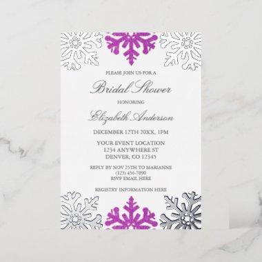 Silver Purple Snowflake Winter Bridal Shower Foil Invitations