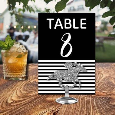 Silver Racehorse on Black & White Stripes Table Number
