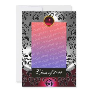 SILVER RED,BLACK DAMASK GRADUATION MONOGRAM ANNOUNCEMENT