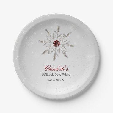 Silver Red Snowflakes Winter Bridal Shower Paper Plates