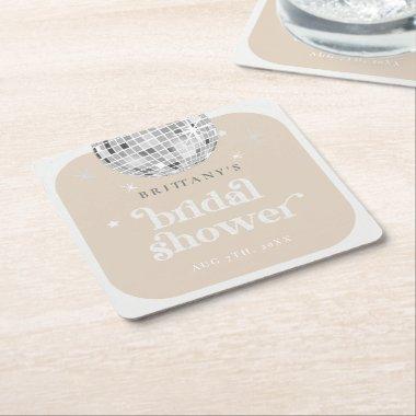 Silver Retro Disco Groovy Bridal Shower Square Paper Coaster