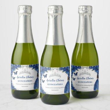 Silver Royal Blue Floral Quinceañera Birthday Sparkling Wine Label