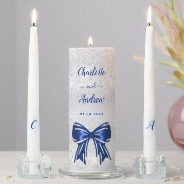 Silver royal blue glitter dust bow names wedding unity candle set
