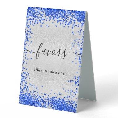 Silver royal blue party favors table tent sign