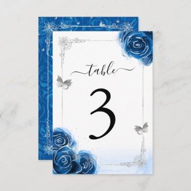 Silver Royal Blue Roses Elegant Table Number Card