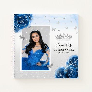 Silver Royal Blue Roses Photo Quinceanera Guest Notebook