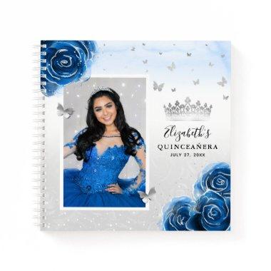 Silver Royal Blue Roses Photo Quinceanera Guest Notebook