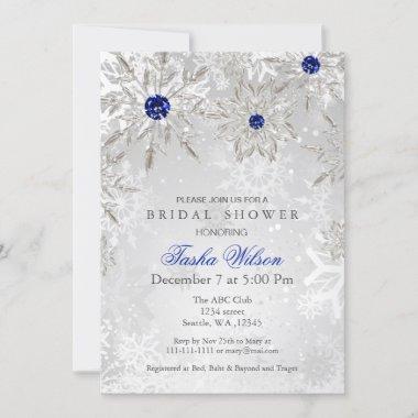 Silver Royal Blue Snowflakes Winter Bridal Shower Invitations