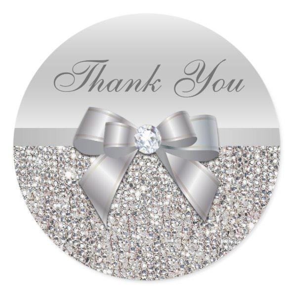 Silver Sequins Bow Thank You Stickers