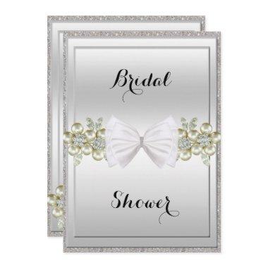 Silver Sequins & Floral Gems Glitter Bow Bridal Invitations