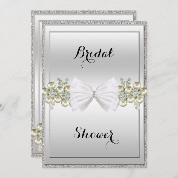 Silver Sequins & Floral Gems Glitter Bow Bridal Invitations