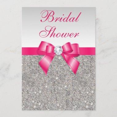 Silver Sequins Hot Pink Bow Bridal Shower Invitations