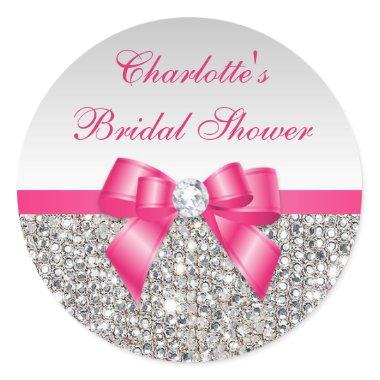 Silver Sequins Hot Pink Bow Diamond Bridal Shower Classic Round Sticker