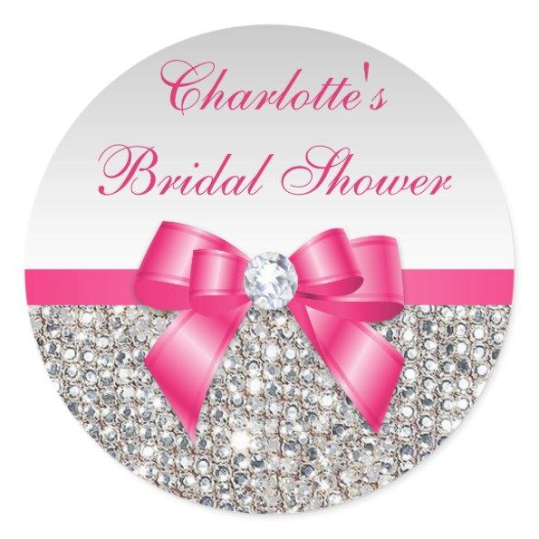 Silver Sequins Hot Pink Bow Diamond  Classic Round Sticker