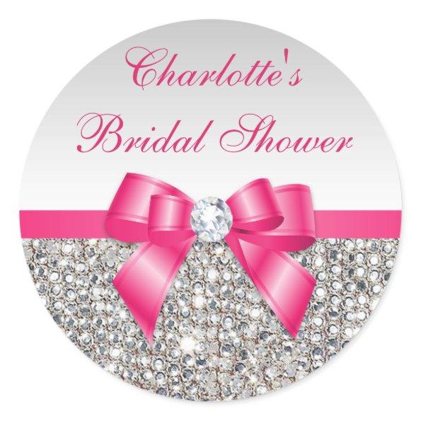 Silver Sequins Hot Pink Bow Diamond Bridal Shower Classic Round Sticker