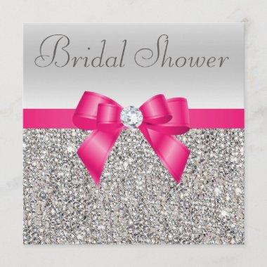 Silver Sequins Hot Pink Bow Diamond Bridal Shower Invitations
