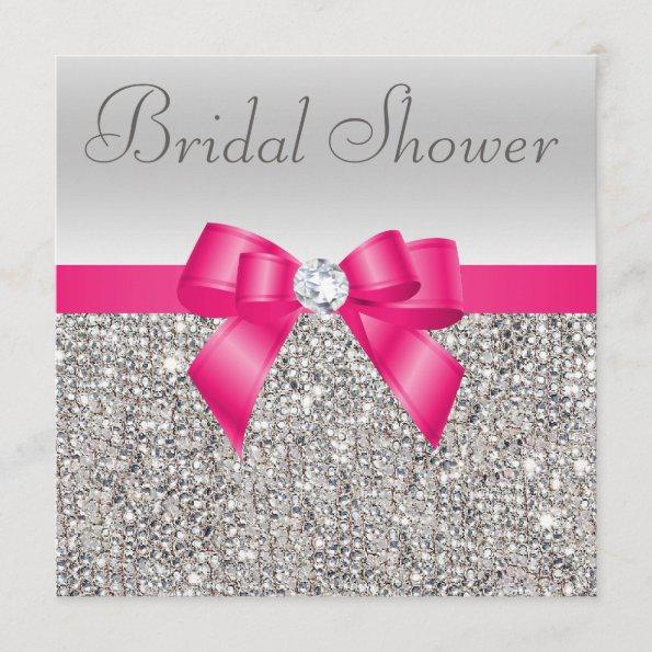 Silver Sequins Hot Pink Bow Diamond Bridal Shower Invitations