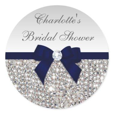 Silver Sequins Navy Bow Diamond Bridal Shower Classic Round Sticker