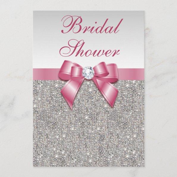 Silver Sequins Pink Bows Diamonds Bridal Shower Invitations