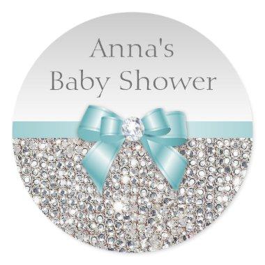 Silver Sequins Teal Bow Diamond Baby Shower Classic Round Sticker