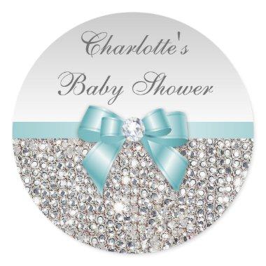 Silver Sequins Teal Bow Diamond Baby Shower Classic Round Sticker