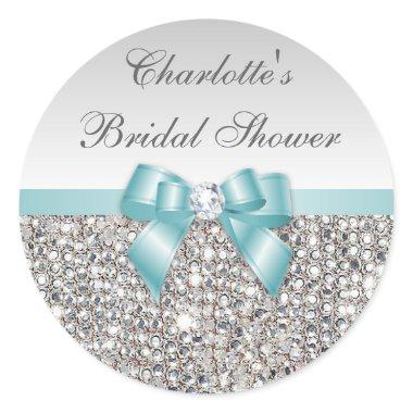 Silver Sequins Teal Bow Diamond  Classic Round Sticker