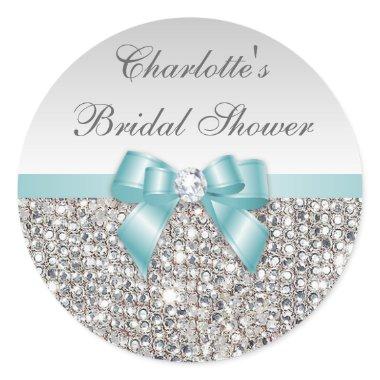 Silver Sequins Teal Bow Diamond Bridal Shower Classic Round Sticker