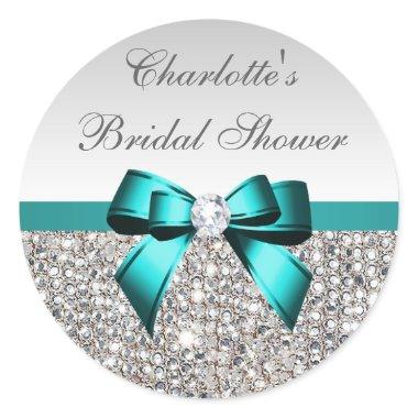 Silver Sequins Teal Diamond Bow  Classic Round Sticker