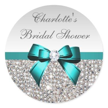 Silver Sequins Teal Diamond Bow Bridal Shower Classic Round Sticker