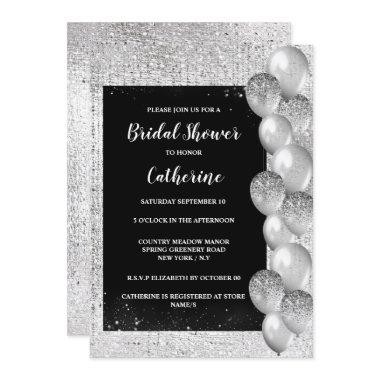 Silver shimmer balloon on black luxurious elegant Invitations