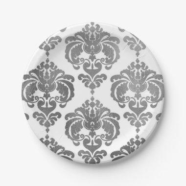 Silver Shine & White Damask Vintage Wedding Event Paper Plates