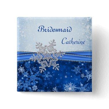 Silver snowflake on blue Wedding Bridesmaid Pinback Button