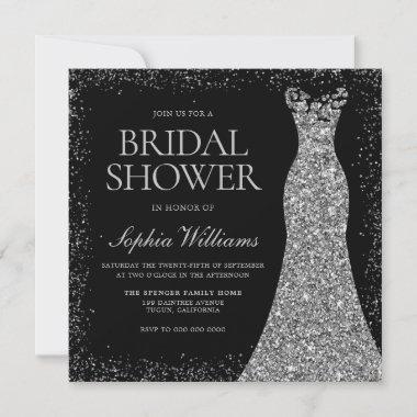 Silver Sparkle Glitter Dress Gown Bridal Shower Invitations
